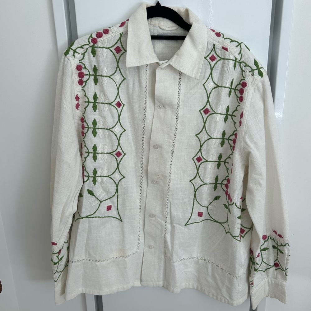 BODE -Embroidered White Jacket with Green and Pink Accents